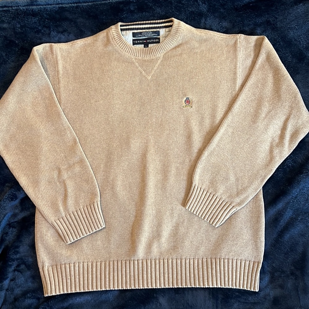 Tommy Hilfiger Tan Crew Neck Heavyweight  Sweater Men's Large 100% Cotton Knit